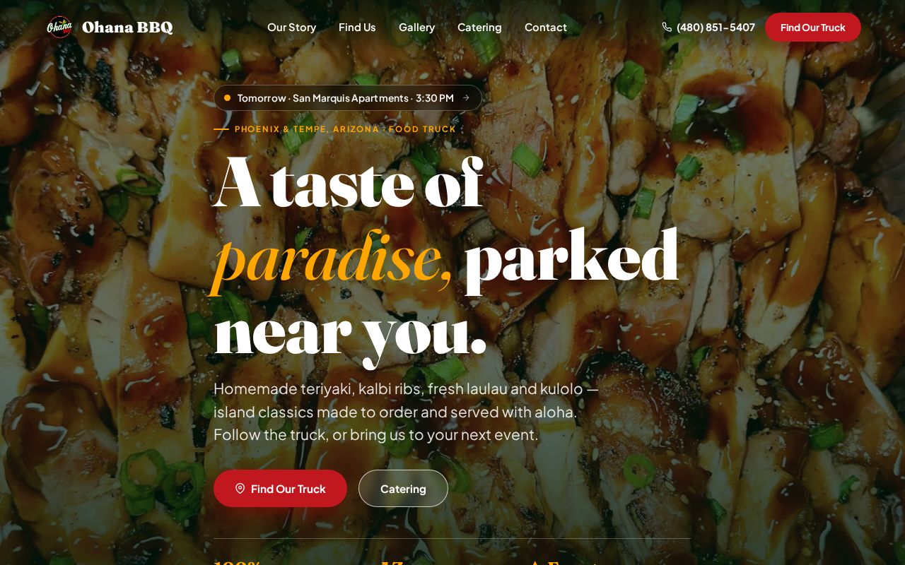 Home page of the Ohana BBQ website, a Hawaiian BBQ food truck in Phoenix and Tempe